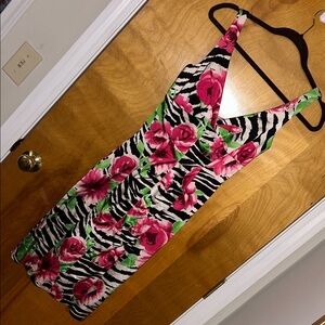 Cache Zebra Print Midi Dress with Pink Floral Accents 🔥